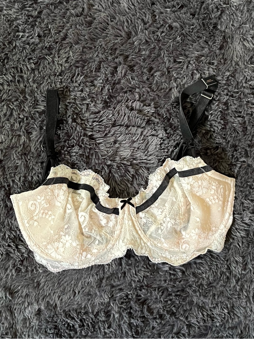 Victoria's Secret Ivory Lace Balconette Bra with Black Trim